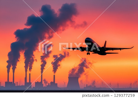 Expansive Panorama of Nature and Industry with Fiery Sunset and Airplane in Flight Expansive Panorama of Nature and Industry with Fiery Sunset and Airplane in Flight 129377259