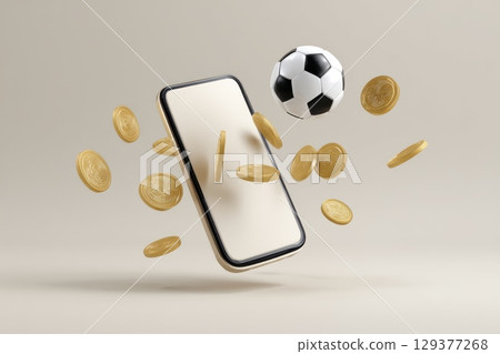A cell phone with a soccer ball and gold coins flying around it 129377268