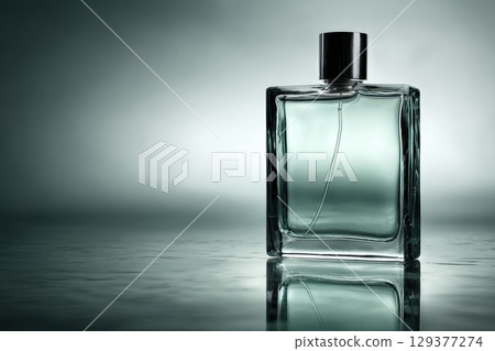 Elegant Glass Perfume Bottle on Smooth Reflective Surface Against a Subtle Gradient Background 129377274