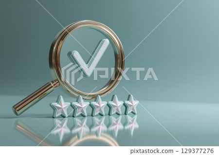 Quality Assurance Concept with Magnifying Glass and Stars on Soft Blue Background Quality Assurance Concept with Magnifying Glass and Stars on Soft Blue Background 129377276