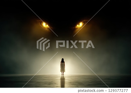 A woman stands in front of a large, glowing eye, dark and eerie, danger and fear A woman stands in front of a large, glowing eye, dark and eerie, danger and fear 129377277