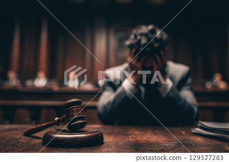Gavel on Judges Desk with Blurred Legal Papers and Distressed Individual in Courtroom Setting Gavel on Judges Desk with Blurred Legal Papers and Distressed Individual in Courtroom Setting 129377283