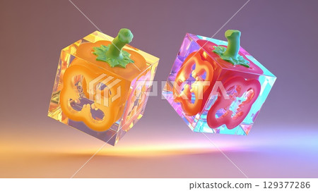 Colorful Crystalline Cubic Forms Encasing Bell Pepper in Vibrant 3D Rendering Colorful Crystalline Cubic Forms Encasing Bell Pepper in Vibrant 3D Rendering 129377286