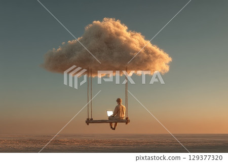 Man on Swing Hanging from Cloud Casually Typing on Laptop in Serene Sunset Setting Man on Swing Hanging from Cloud Casually Typing on Laptop in Serene Sunset Setting 129377320