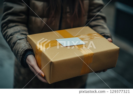 Close Up of Hands Unboxing a Package with Brown Paper and Yellow Tape in Urban Setting Close Up of Hands Unboxing a Package with Brown Paper and Yellow Tape in Urban Setting 129377321