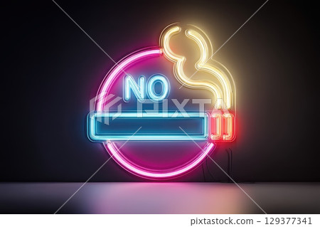 Neon No Smoking Sign with Light Beams in a Dark Setting for Modern Interior Design 129377341