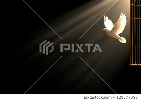 Majestic Bird Flying Away from Open Cage in Dramatic Light with Inspiration and Freedom Theme 129377358