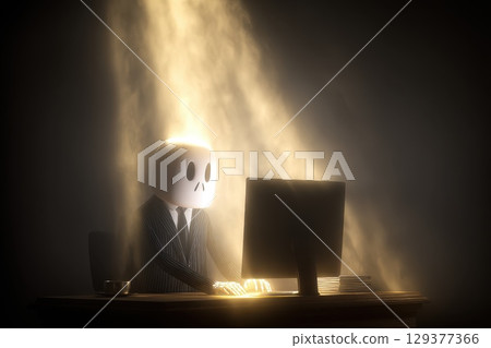 Surreal Office Environment with Skeleton Figure Working at a Computer Desk Surreal Office Environment with Skeleton Figure Working at a Computer Desk 129377366