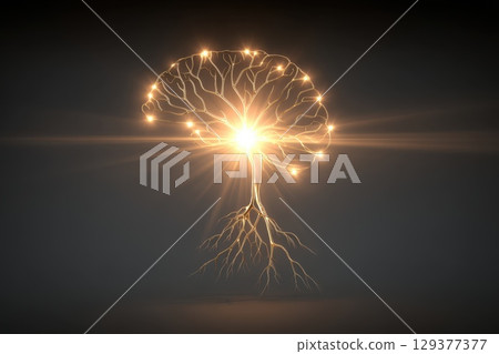 Illuminated Brain with Glowing Roots Radiating Energy from the Sun in a Dark Environment Illuminated Brain with Glowing Roots Radiating Energy from the Sun in a Dark Environment 129377377