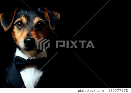 A dog is wearing a tuxedo and bow tie A dog is wearing a tuxedo and bow tie 129377378