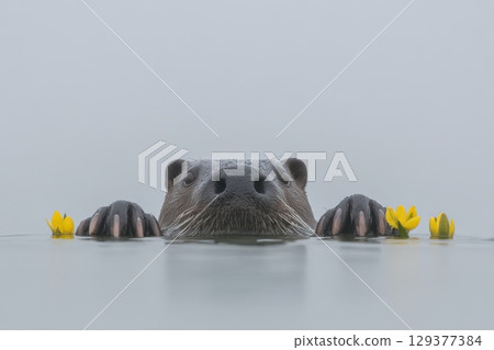 Platypus Emerging from Waters Edge Surrounded by Yellow Flowers in Misty Environment Platypus Emerging from Waters Edge Surrounded by Yellow Flowers in Misty Environment 129377384