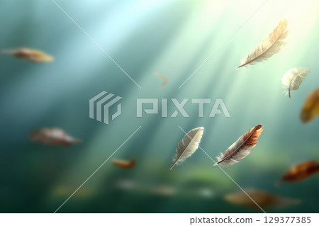 Abstract Artistic Shot of Feathers Floating in Soft Light Atmosphere for Creative Projects Abstract Artistic Shot of Feathers Floating in Soft Light Atmosphere for Creative Projects 129377385