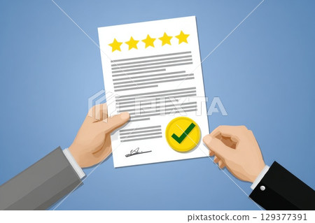 Hands Exchanging Document with Five Star Rating and Checkmark Symbol for Illustrative Purposes 129377391
