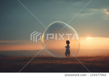 Expansive View of a Child Playing in a Park Surrounded by a Large Soap Bubble at Sunset 129377402