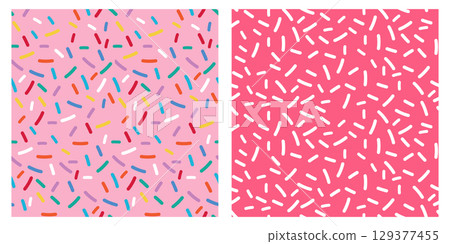Candy Sprinkle Seamless Texture with Rainbow Vermicelli and Donut Glaze Background Featuring Colorful Sweet Decorations for Dessert Pattern and Confectionery Themed Design Projects 129377455