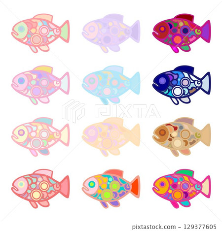 一組 12 個色彩鮮豔、柔和的魚圖示-可愛的手繪向量插圖 129377605