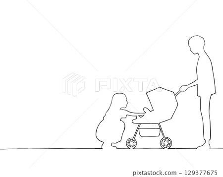 一對夫婦在嬰兒車中照顧嬰兒的剪影插圖 129377675