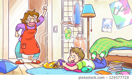 A mother scolding a child who is lazing around at home 129377728