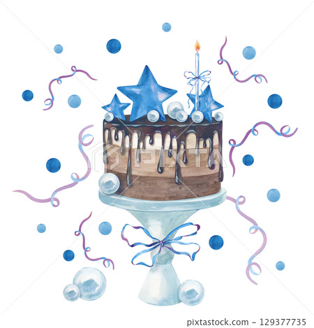 Watercolor chocolate cake on a stand with blue decor for celebrating Baby Shower or a boy's birthday, hand-drawn.  Illustration of a dessert with candle, ribbons, stars, confetti and streamers 129377735