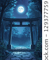 Full moon and torii gates Mysterious shrine at night 129377759