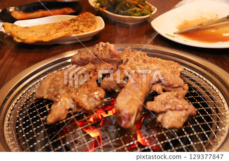 Korean barbecue. marinated beef rib bbq 129377847