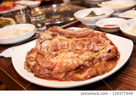 Korean barbecue. marinated beef rib bbq 129377849