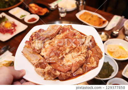 Korean barbecue. marinated beef rib bbq 129377850