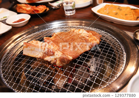 Korean barbecue. marinated beef rib bbq 129377880