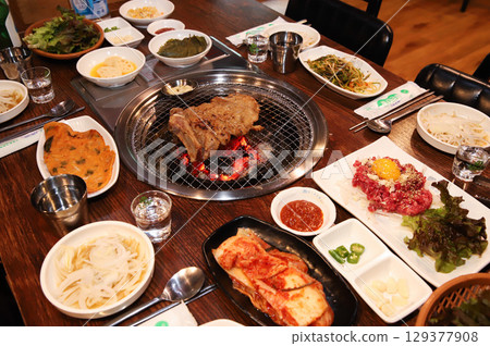 Korean barbecue. marinated beef rib bbq 129377908