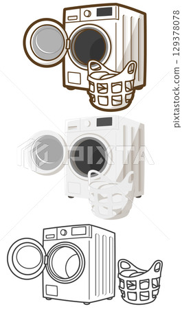 Drum washing machine and laundry basket with laundry inside Drum washing machine and laundry basket with laundry inside 129378078