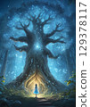 Mysterious Tree and Girl Night Forest Art 129378117
