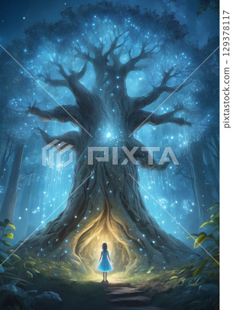 Mysterious Tree and Girl Night Forest Art 129378117