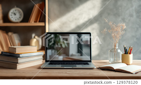 Books and laptop on a desk 129378120
