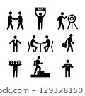 A set of nine black and white stick figure depicting various business and sales-related scenes. 129378150