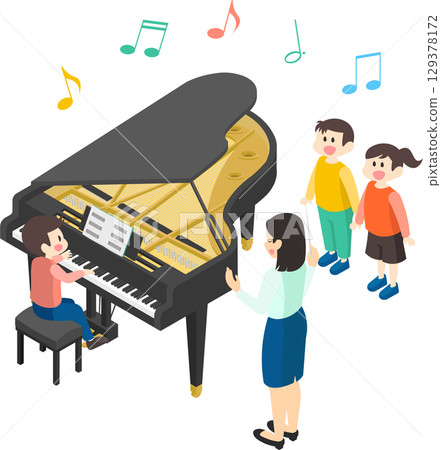 孩子們開心唱歌和一位女老師的插圖 孩子們開心唱歌和一位女老師的插圖 129378172