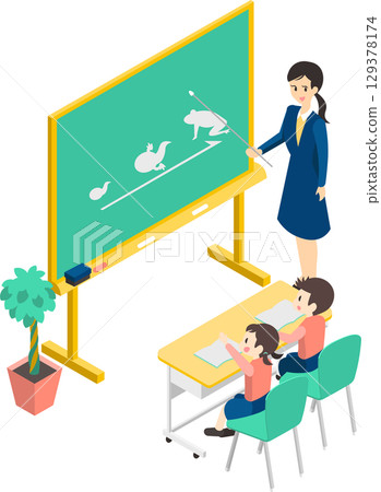 Illustration of children studying happily and a female teacher 129378174