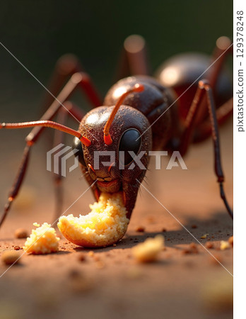 An extreme macro photograph capturing a single ant in incredible detail. The sharp focus reveals the intricate textures of the insect's body as it feeds in a studio setting. 129378248
