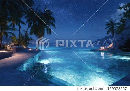 an infinity pool overlooking the ocean at night, with palm trees and lights 129378337
