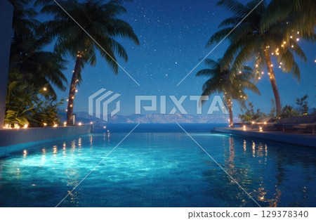 an infinity pool overlooking the ocean at night, with palm trees and lights 129378340