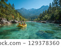 friends on a yellow raft in the emerald blue River with the sun shining and mountains 129378360