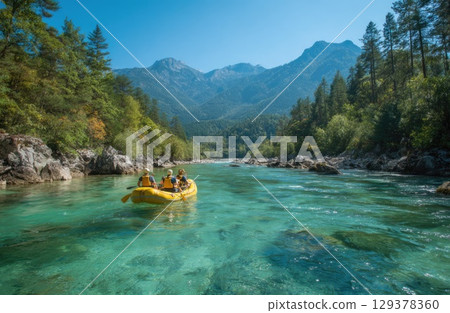 friends on a yellow raft in the emerald blue River with the sun shining and mountains 129378360