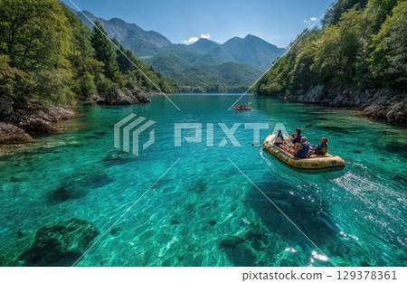 friends on a yellow raft in the emerald blue River with the sun shining and mountains 129378361
