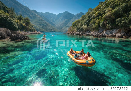 friends on a yellow raft in the emerald blue River with the sun shining and mountains 129378362