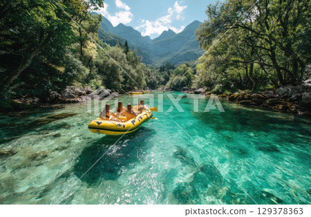 friends on a yellow raft in the emerald blue River with the sun shining and mountains 129378363