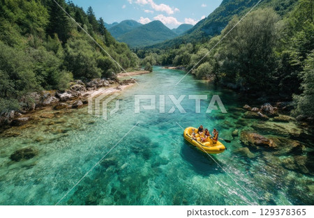 friends on a yellow raft in the emerald blue River with the sun shining and mountains 129378365