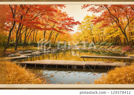 金色的秋天森林和寂靜的池塘 129378412