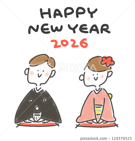 Cute hand-drawn New Year's card 2026 featuring a couple in kimono greeting each other for New Year's. Square, for SNS and Instagram. 129378525