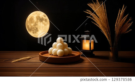 農曆十五夜的滿月和賞月餃子靜物 129378586
