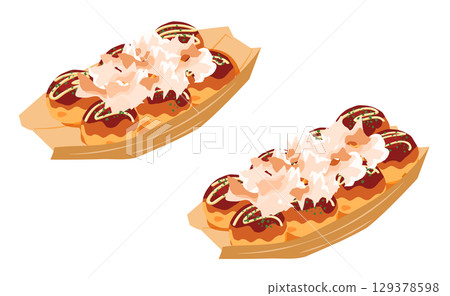 Illustration of takoyaki topped with bonito flakes, seen from above, on a boat-shaped plate set 129378598