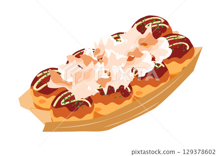 Illustration of takoyaki topped with bonito flakes, seen from above. Boat-shaped plate, 8 pieces. 129378602